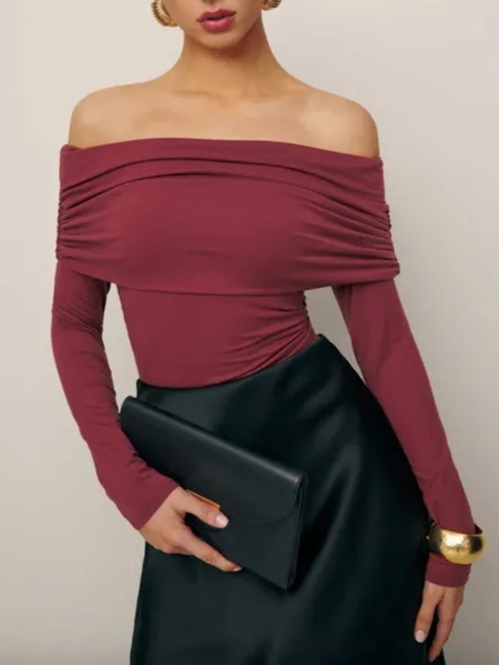 Reformation Florentina Knit Off the Shoulder Ruched Form Fitting Long Sleeve Top